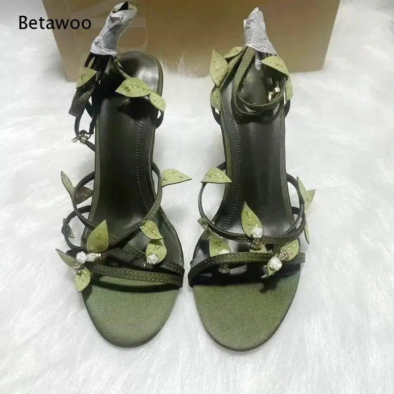 Dark Green Satin 3D Leaf Rhinestone Ankle Wrap Stiletto Heel Open Toe Women Evening Sandals Wedding Prom Formal Dress Sandals view 5