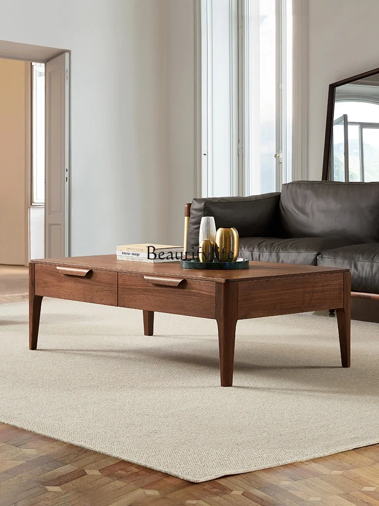 North American black walnut solid wood coffee table with drawers Nordic simple living room low tea table