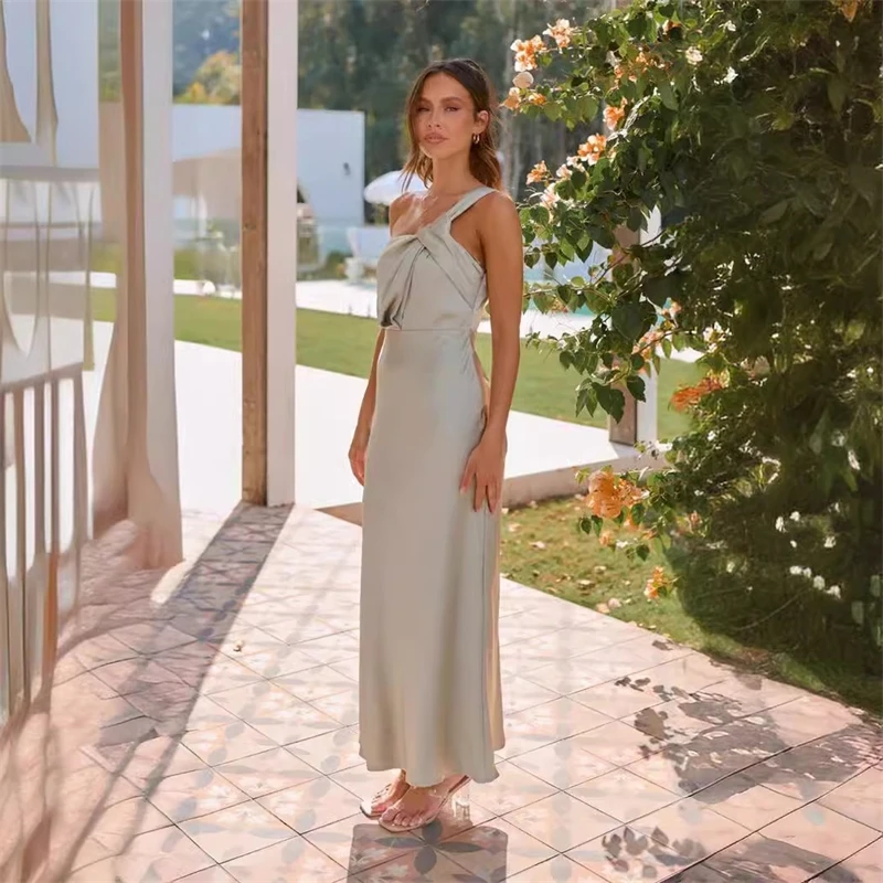فستان نسائي جديد من الساتان بكتف واحد لعام 2025 فستان زفاف أنيق ونحيف وحفلات الكوكتيل والحفلات المسائية فساتين طويلة فستان نسائي