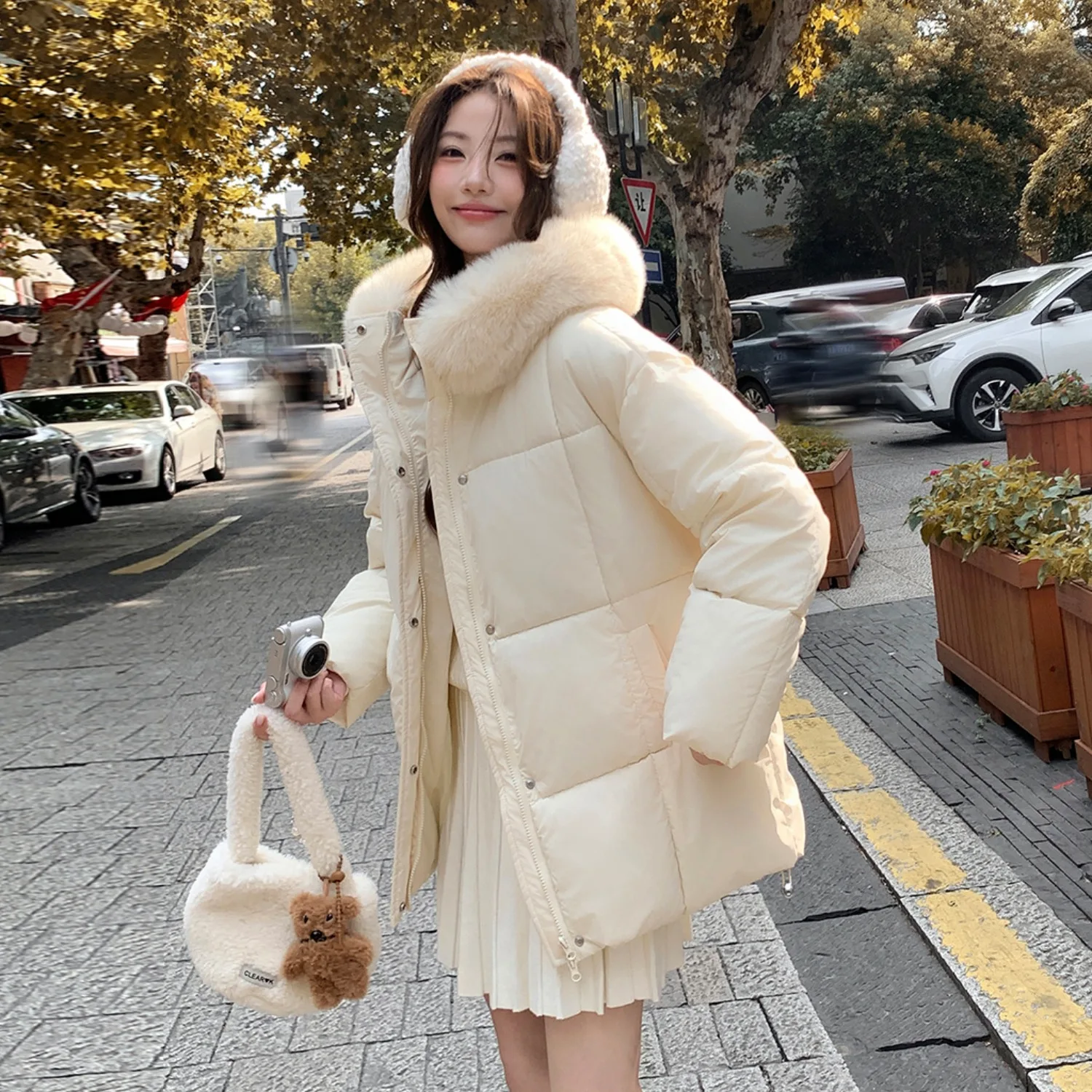 

Women's Fur Hooded Thick Parkas Zipper Button Loose Warm Coats 2025 Autumn Winter Casual Solid Jackets Pockets Elegant Jacket