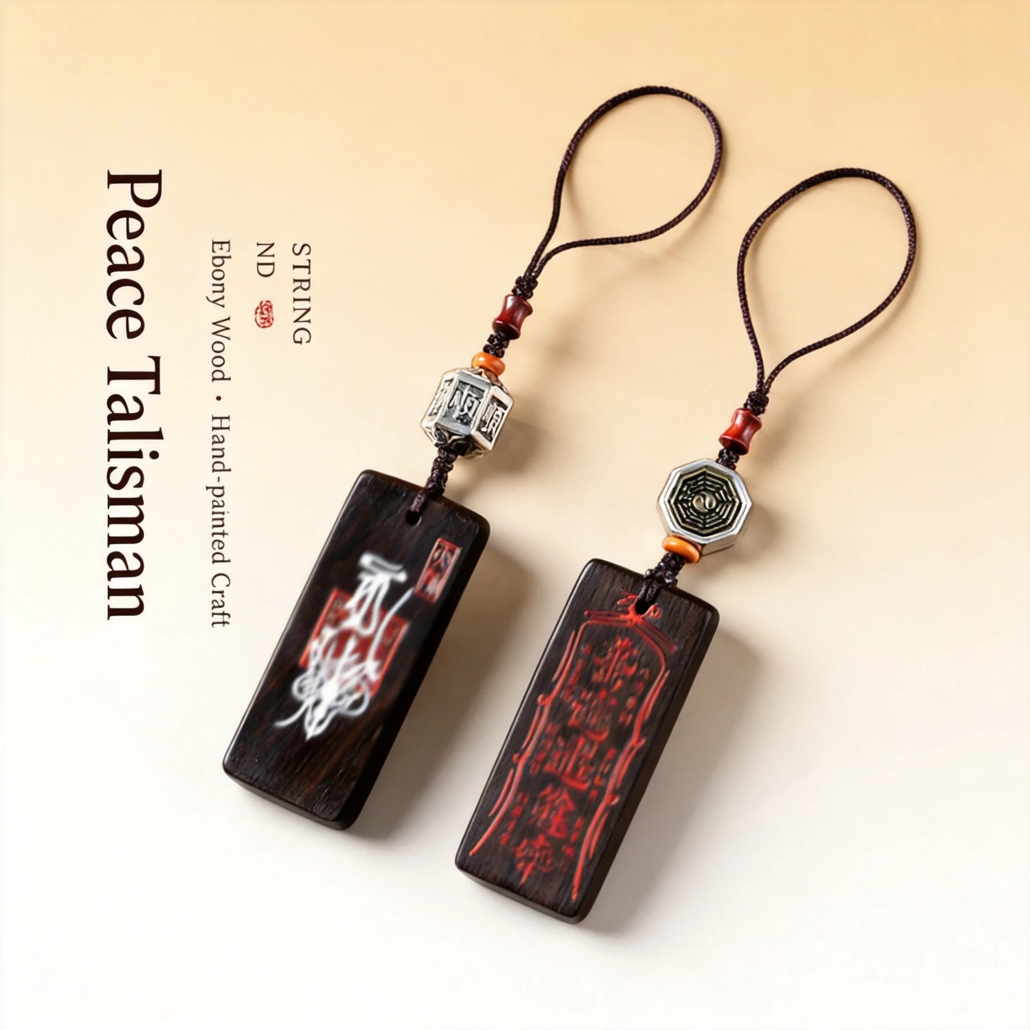 Chinese Taoist Ebony Wood Peace Wushi Plate Painted Talisman Pendant Phone Lanyard Lucky Fortune Blessing Amulet Bag Hanging Dec