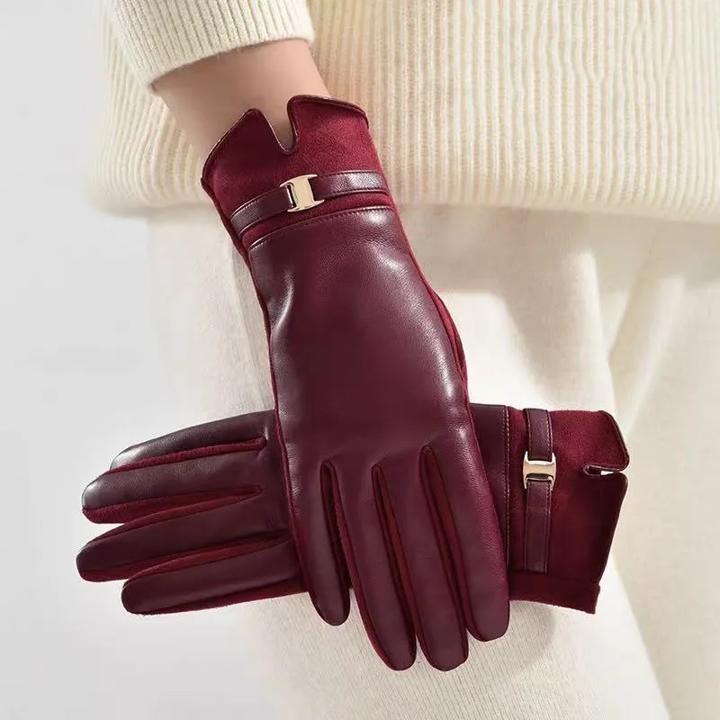 Damen-Reithandschuhe aus Protein-PU-Leder und Wildleder mit Touchscreen, kompatibel mit modischem Pendeln, dicker Samt, isolierte Gürtelschnalle