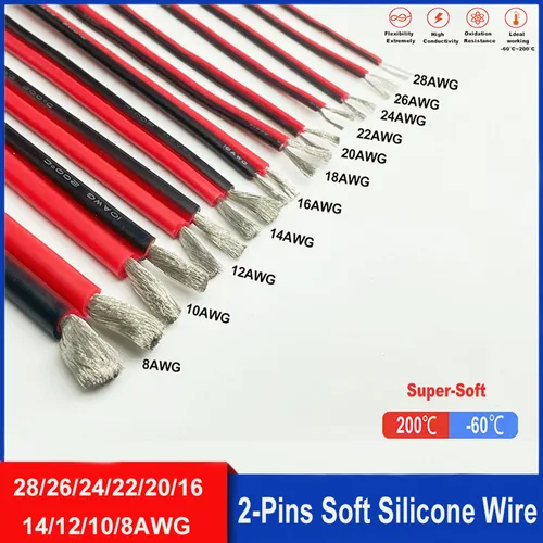 Cable de silicona súper suave de 2 pines rojo y negro 28awg 26awg 24 22 20 18 16 14 12awg 10awg 8awg alambre de cobre estañado de alta temperatura