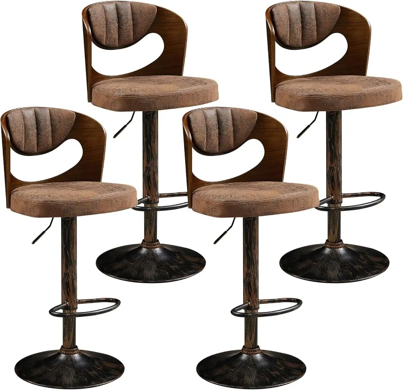 

BarStools Set of 4 Kitchen Island Stools with Bentwood Back Arm&Footrest Counter Height Bar Chairs PU Leather Cushion Chairs