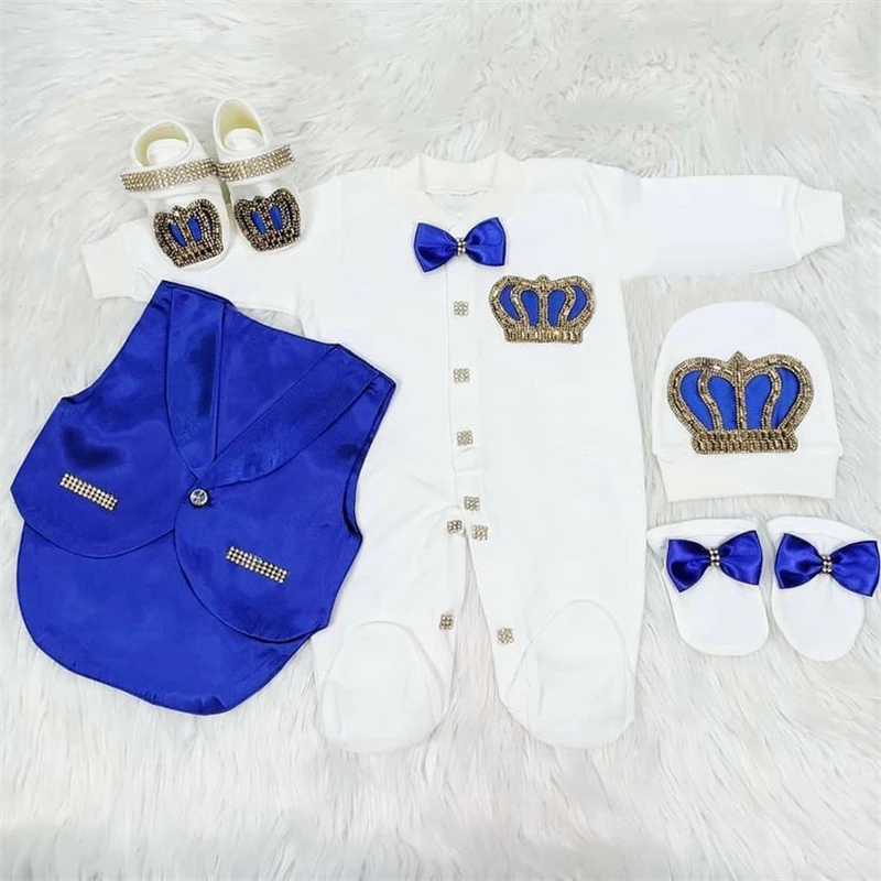 Tuxedo Suit Baby boy Christening Outfit 1st Birthday Costume Little Gentleman Baby Blazer Tails Suit Bling Crown Romper Set