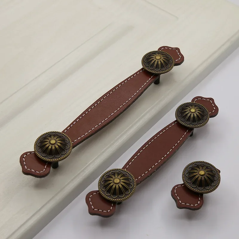 96mm 128mm Leather Retro Drawer Handle Cabinet Pulls Furniture Hardware Handles Wardrobe Door Knocker Kitchen Door and Knobs