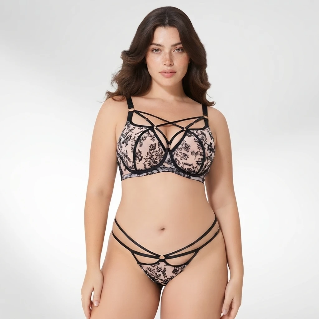 Vintage Floral Lace Lingerie Set D-J Cup Cross Straps Hollow Cutout Thin Briefs Plus Size Shaping Underwear Date Intimate Wear