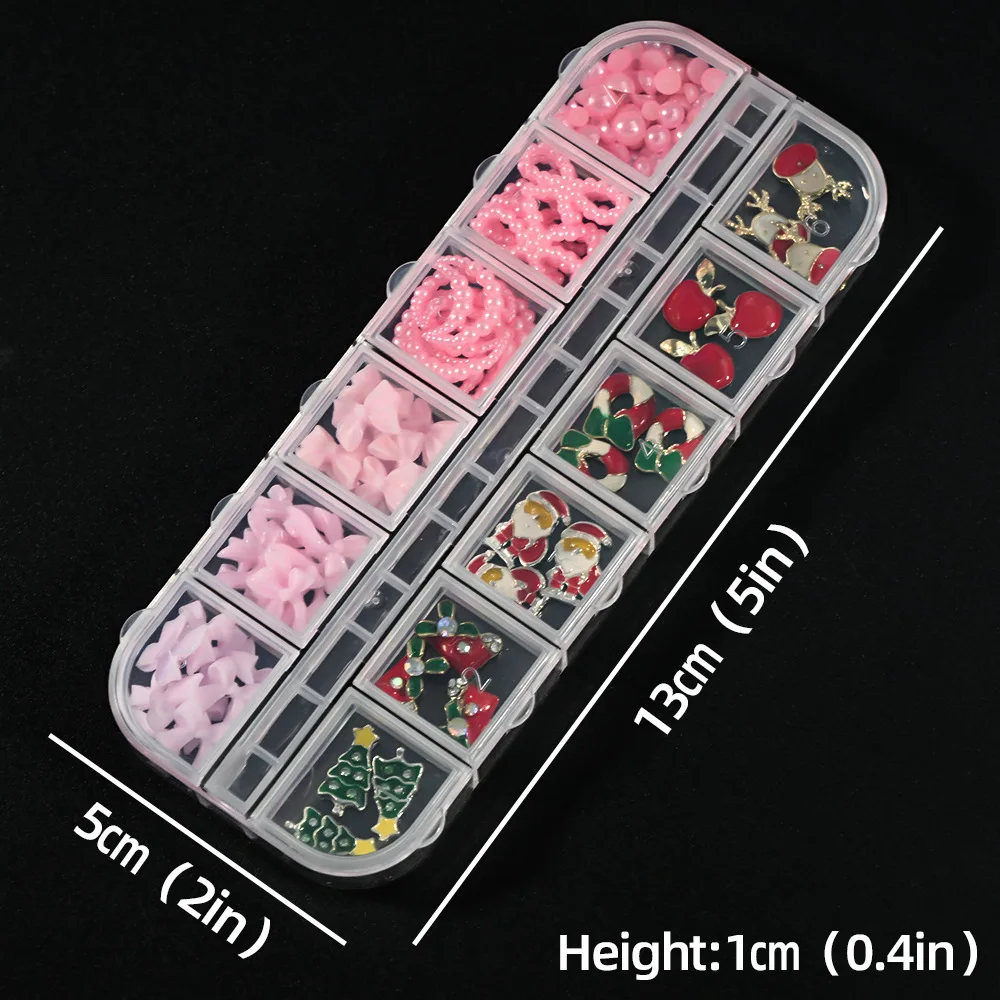 Weihnachts-Nagelkunstdekorationen mit 12 Fächern, gemischte Schleife/Mond/Hirsch/Weihnachtsbaum/Weihnachtsmann-Nageldekoration, glitzernde Charm-Maniküre-Ornamente