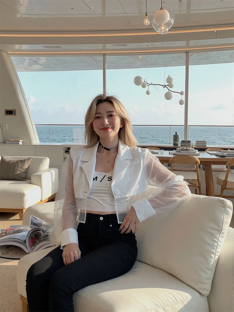 

Sun-proof Cropped See-through Back-Slit Blazers Elegant Woman Clothes For Women Y2K Punk E Girl Tailored Lightweight Closure New