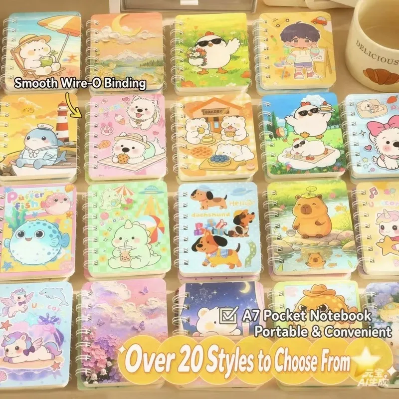 Cute Capybara Side Flip Mini Coil Notebook Blind Box Random High Aesthetic A7 Pocket Notebook Cartoon Memo Small Notebook