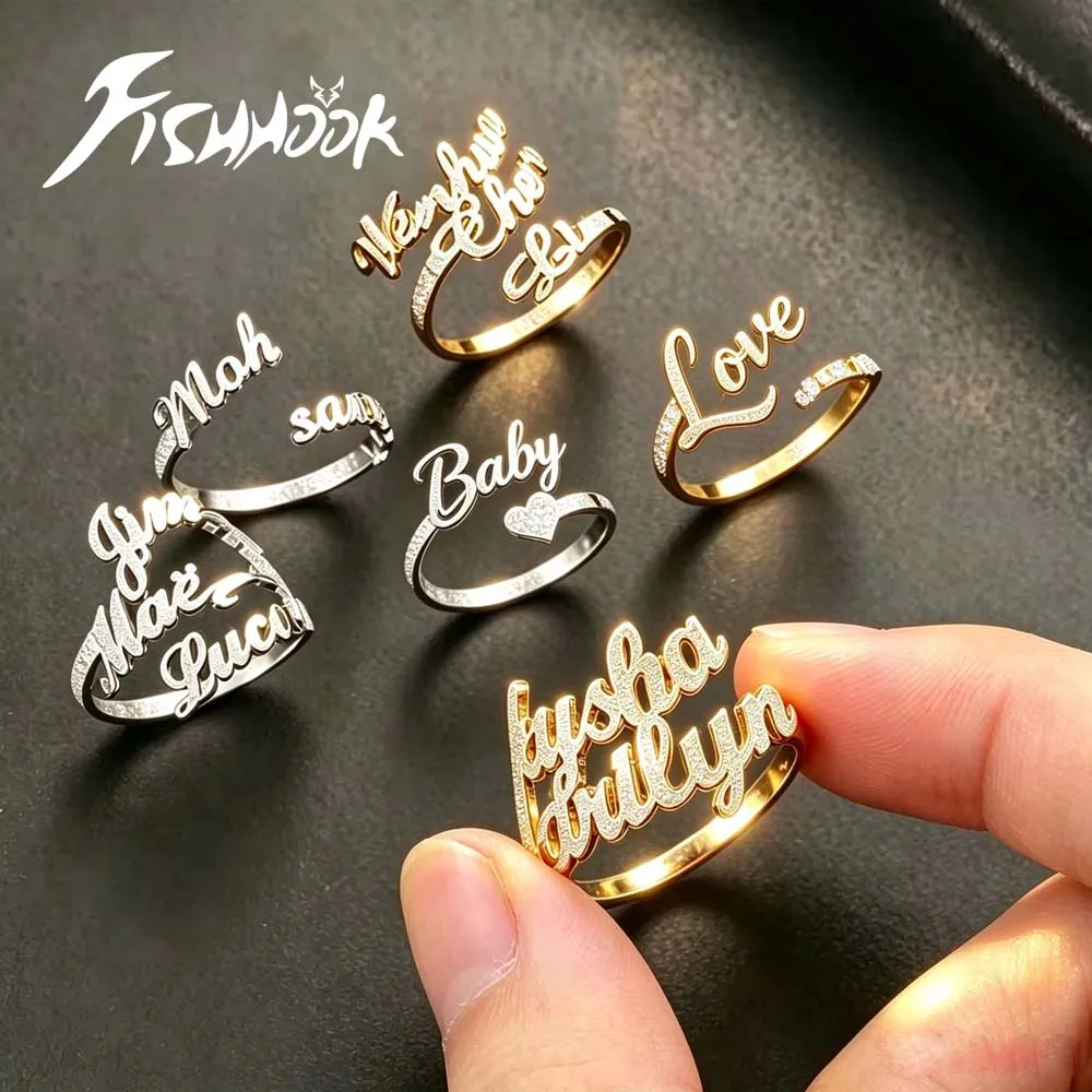 Couple Custom 2 Double First Script Cursive Name Finger Ring Personalized Gift For Women Men Sandblasted Stainless Steel Jewelry