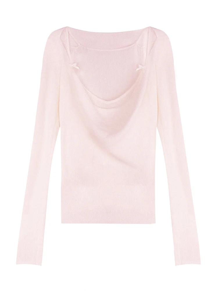 

Pink Berries Heart fairs Wool Blend Knitted Top in Soft Mist Two Colors Fake Two-Piece Knot Slim Fit Long Sve