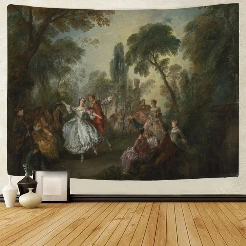 VIKAMA Nicolas Lancret Vintage Oil Painting Tapestry Rococo European Forest Dancing Ladies Wall Hanging Retro Art Decor Cloth Fo