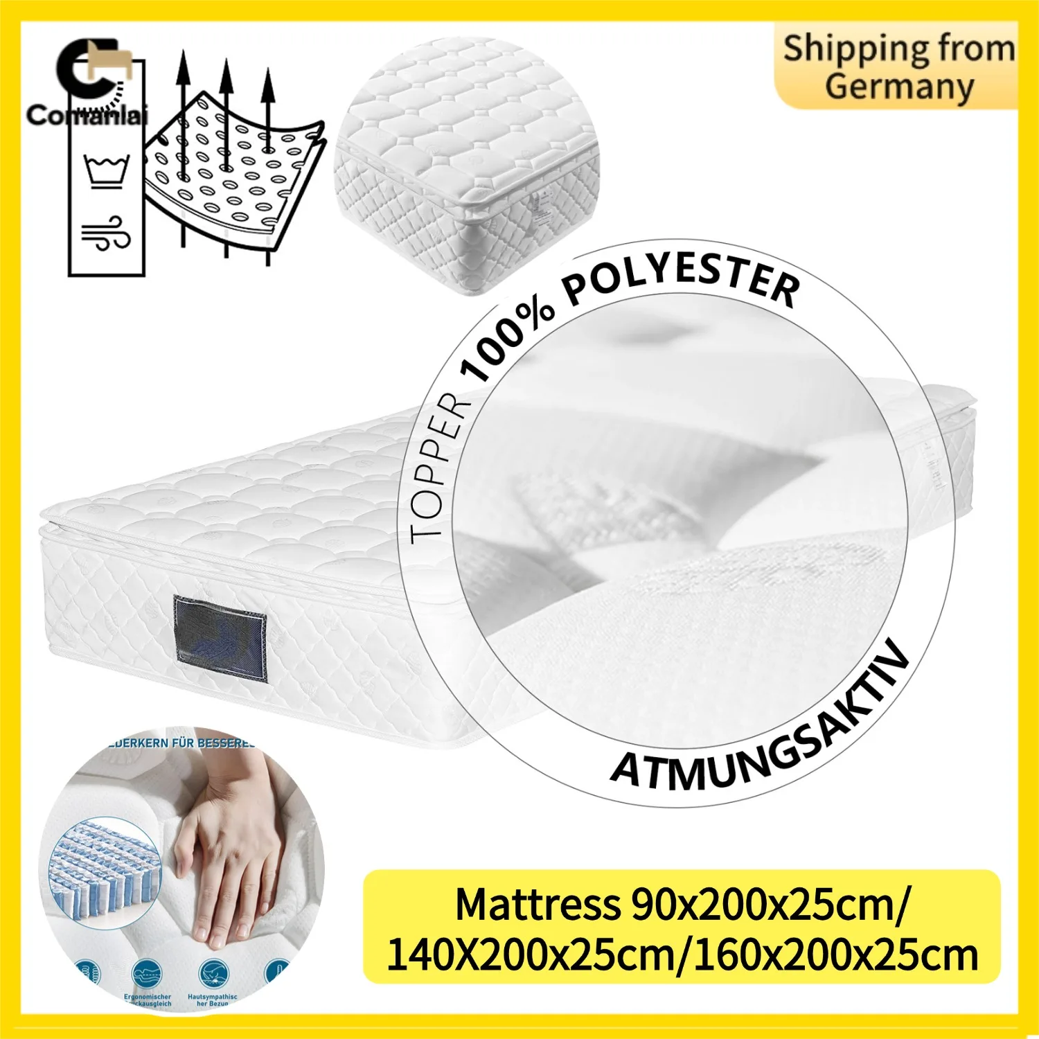 Comanlai matelas à ressorts 90x200 cm/140x200 cm/160x200 cm 25 cm hauteur 7 Zones matelas en mousse froide housse en microfibre dureté H3