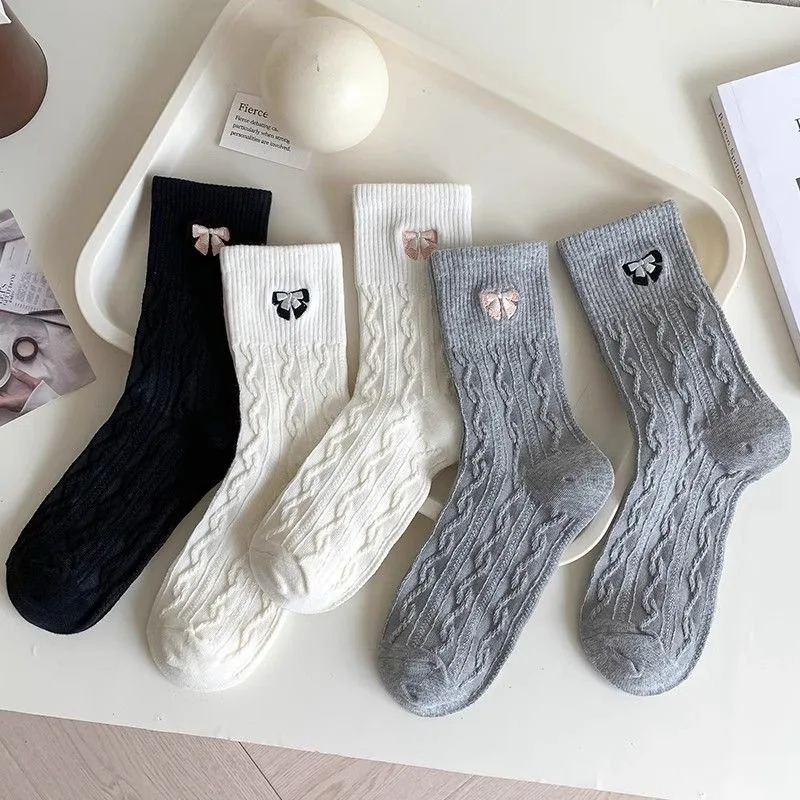 1/5 Pairs Striped Bow Women's Solid Color Spring Autumn Style Mid Tube Socks Simple and Trendy Versatile Student Women's Socks