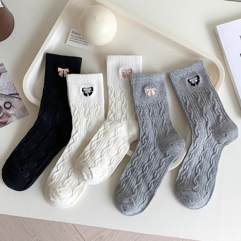  5 Pairs Striped Bow Women's Solid Color Spring Autumn Style Mid Tube Socks Simple and Trendy Versatile Student Women's Socks 