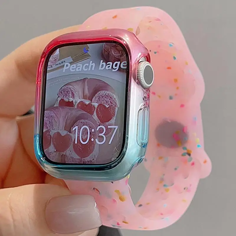 Cute Jelly Color Silicone Strap Gradient Case Set For Apple Watch 49mm 45mm 46mm 44mm 41mm 40mm 38mm Gradient Case Set