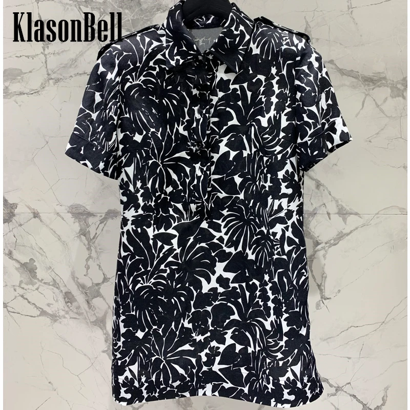 

6.12 KlasonBell Women Fashion Print Short Sleeve Mini Dress 2024 Summer New Beach Holiday Style Linen Comfortable Lapel Dress