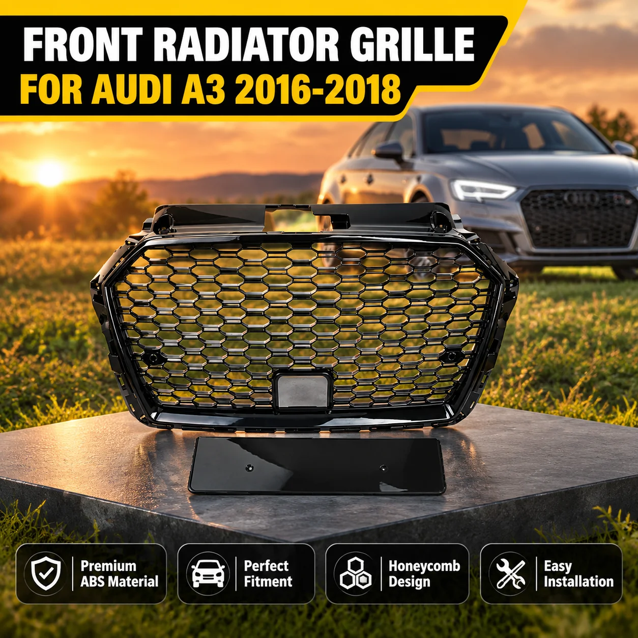 Stylizowana, bezlogo, siatkowa osłona przedniego zderzaka w stylu sportowym do Audi A3 2016-2018, numer OE 8V5853651Q/AE, z otworem na czujnik ACC, odporna na starzenie, wykonana z wytrzymałego