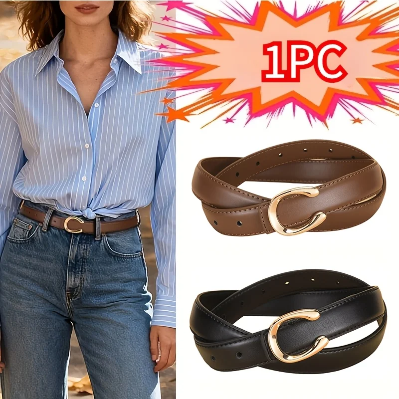 1pc High Quality PU Leather Women's Fashionable Waist Belt with C-shaped Buckle and Smooth Buckle for Women's Waist Belt