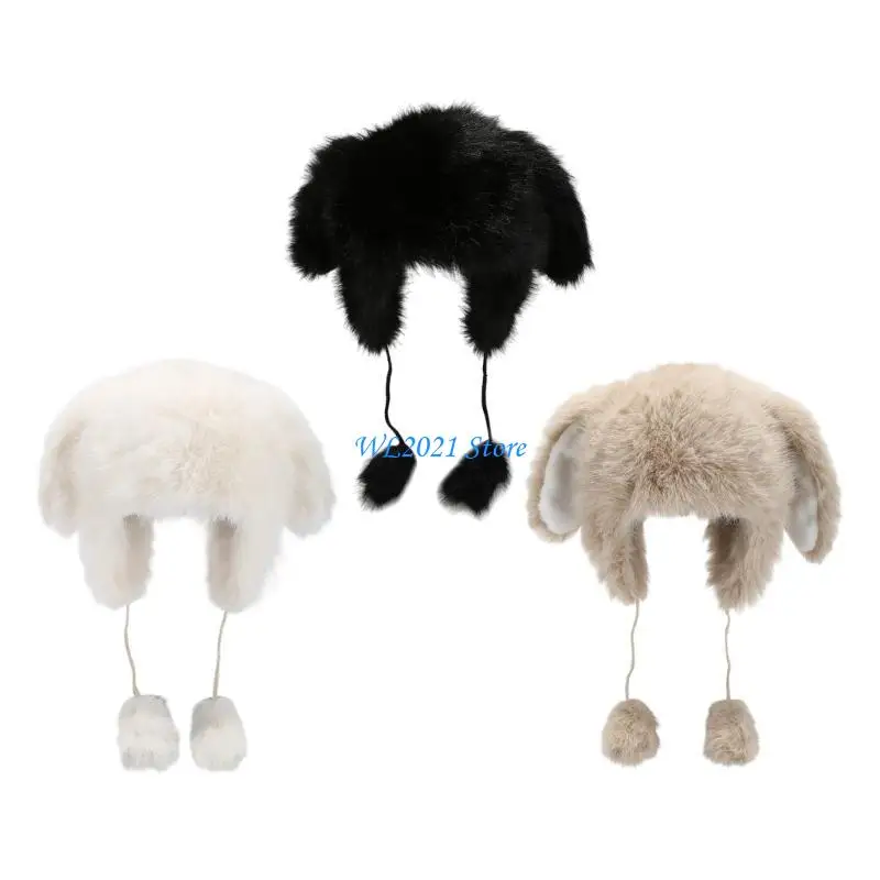 

G5GC Furry Rabbits Ear Hat Adult Unisex Windproof Earflap Caps Outdoor Sport Headwear