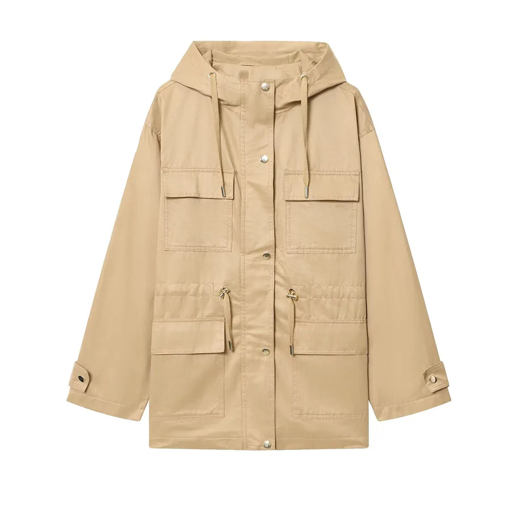 

DiYiG WOMAN 2025 autumn new fashion hooded trench coat retro long sleeve all-match waist pocket decoration casual coat Outerwear