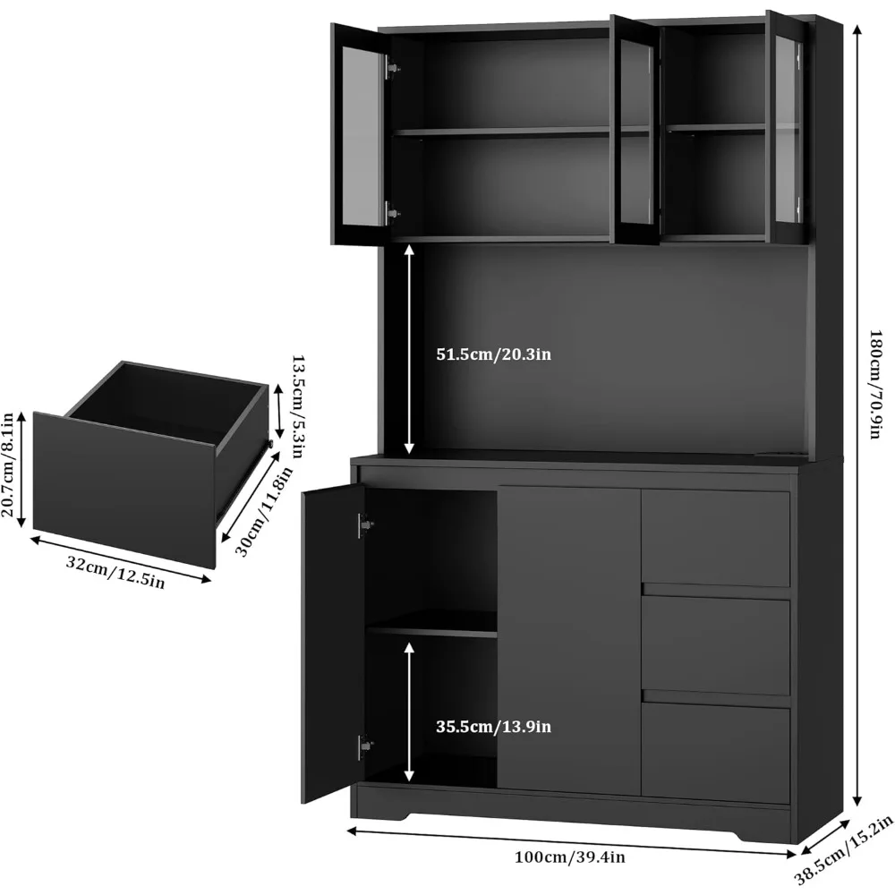 Kitchen Pantry Cabinet with LED Lights and Charging Station, Hutch Cabinet with Storage and Microwave Stand, Cabinets