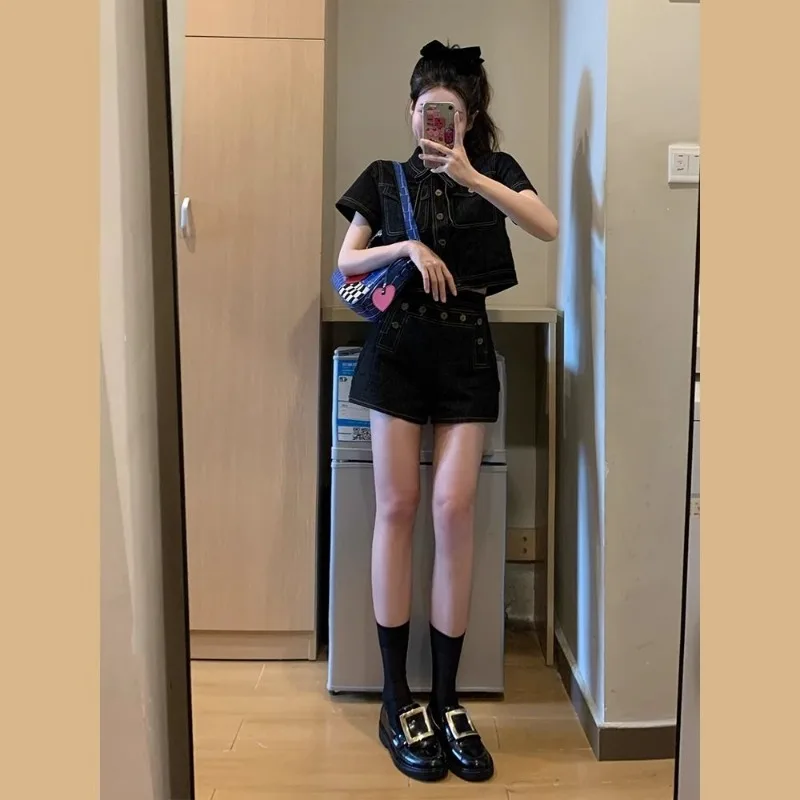 2026 Summer New Foreign Style Retro Denim Suit Women's Design Sense Niche Shirt High Waist Wide Leg Shorts Two-piece Set Trendy