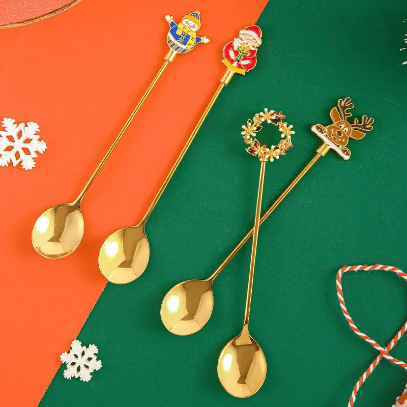 New Christmas Stainless Steel Gold Tableware Cute Cartoon Ice Cream Dessert Spoon Coffee Stirring Teaspoon Fruit Fork Party Gift