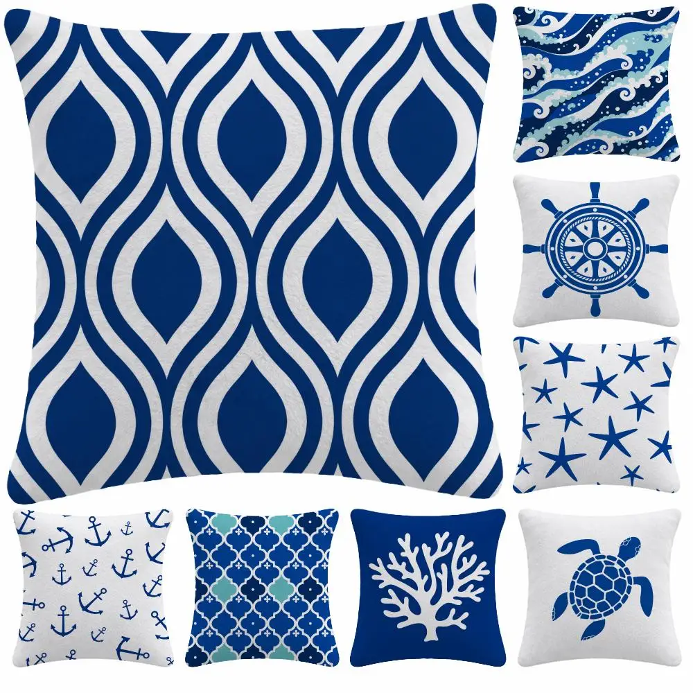 Pattern Ocean B-Blue Series Marine Cushion Cover Soft Plush Decorative Sofa Bedroom Living Room Car Dorm Home Decor Gift