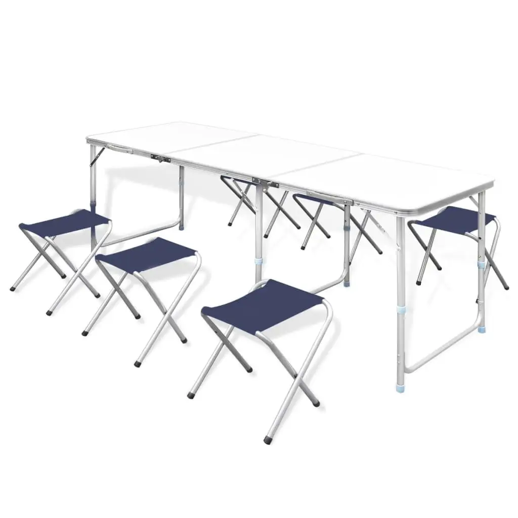 Portable Adjustable Camping Table Set with 6 Stools - Foldable 180x60cm Outdoor Picnic Furniture