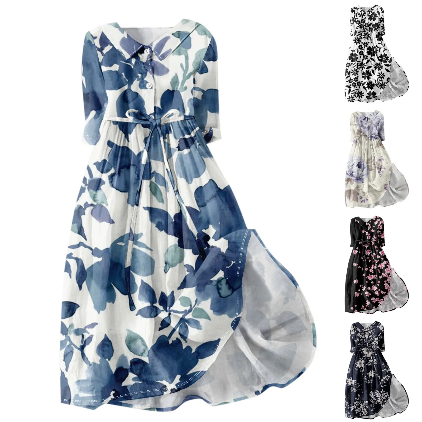 

Women's Fashion Casual Printed Lapel Collar Button 3/4 Sleeve Clothing Straps Dress Summer Dresses for Women 2024 Women's Dress