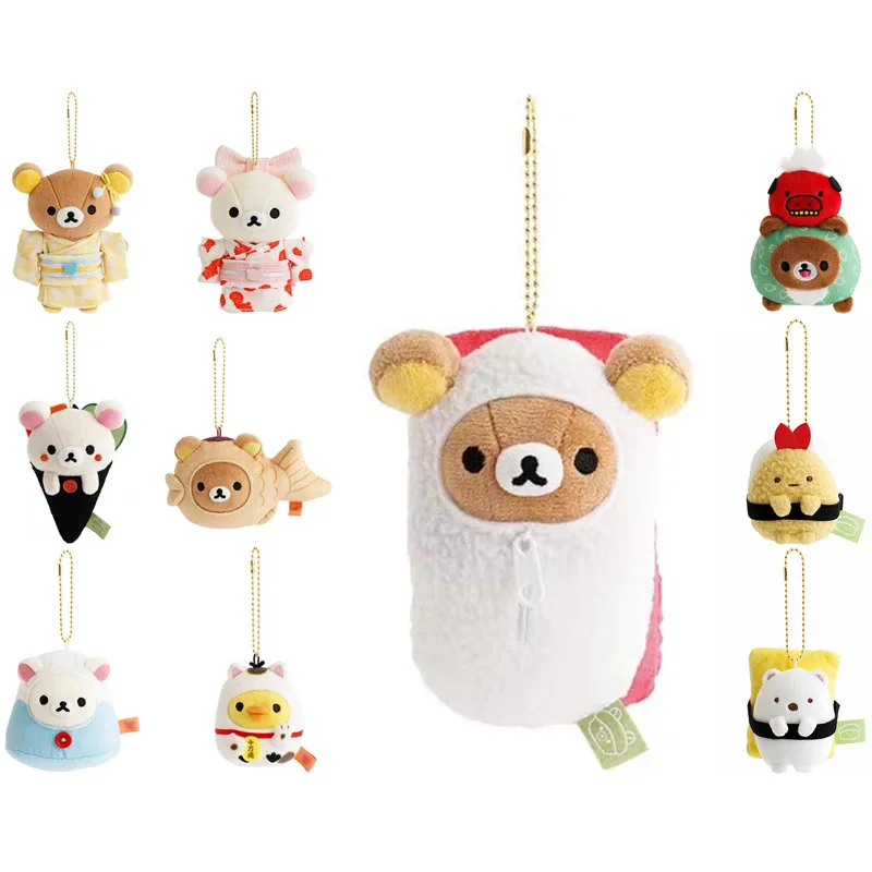 

Плюшевые брелоки-подвески Rilakkuma Kimono Series: Кукла-суши, тушеный морской палтус, коты-талисманы, курица. Подарки для мальчиков и девочек.