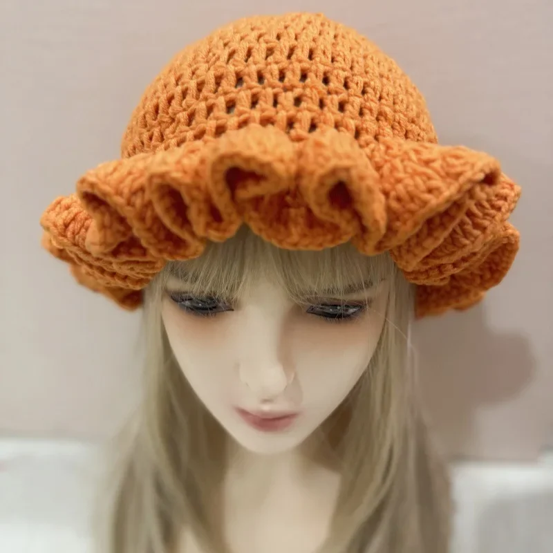 2024 Winter New Ins Hand Woven Ruffle Hook Knitted Hat Girls Ruffle Large Eaves Bucket Hat Women Fashion Party Skullies Beanies