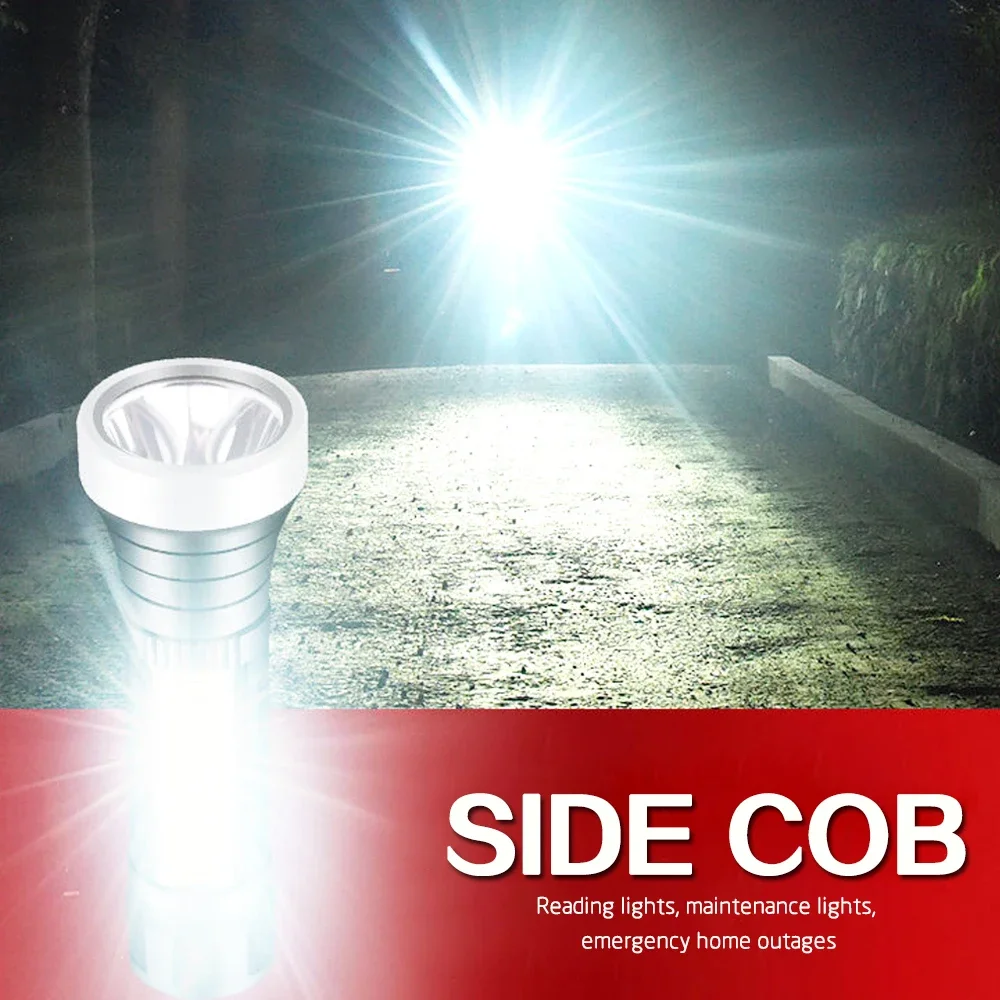 Powerful LED Flashlight Portable 4 Modes USB Rechargeable Flashlights Waterproof Torch with COB Side Light and Built-in Battery