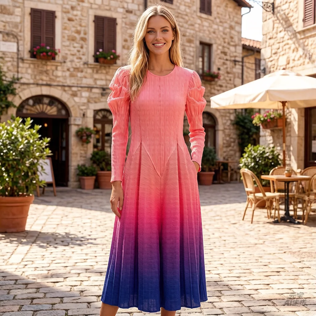 Miyake Pleats 2026 Spring New Arrival: Gradient-dyed Pleated Dress for Women Elegant Tie-Waist Mid-Length Flower Bud Skirt