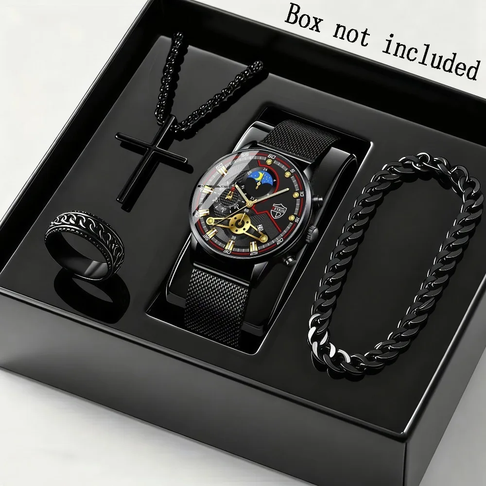 4pcs/ Set Men'S Elegant Date Quartz Watch & Bracelet Set - | Sports Watch | Casual Watch | Business Watch | Quartz Movement