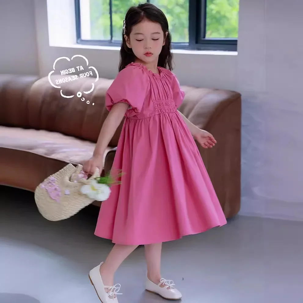 girl-dress-2024-new-summer-and-spring-girls-dresses-bubble-sleeve-princess-dresses-baby-skirt-children-solid-pink-skirts