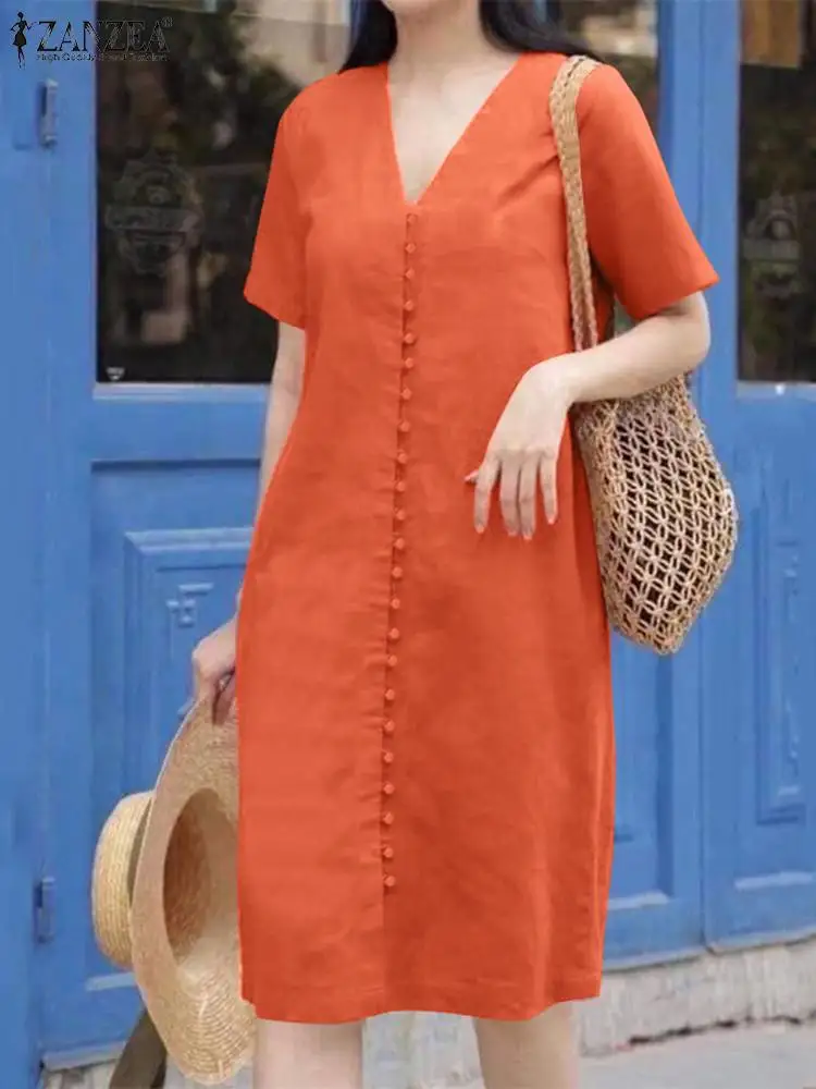 

2024 ZANZEA Fashion Summer Elegant Solid Knee-length Dress Robe Femme Casual Work Vestido Women V Neck Short Sleeve Sundress