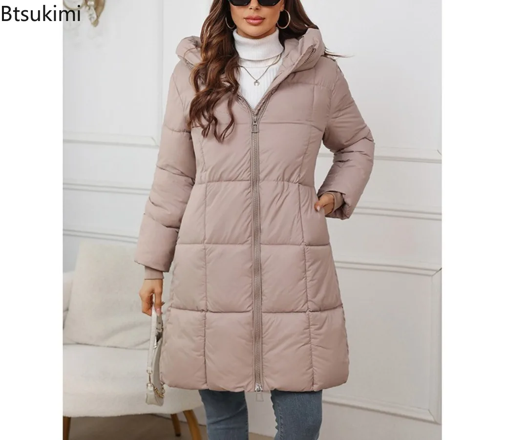 Women's Long Parkas  2025 New Hooded Loose Solid Color Overcoat Women Cotton Jacket Mid-Length Slim Fit Thick Warm Padded Coats