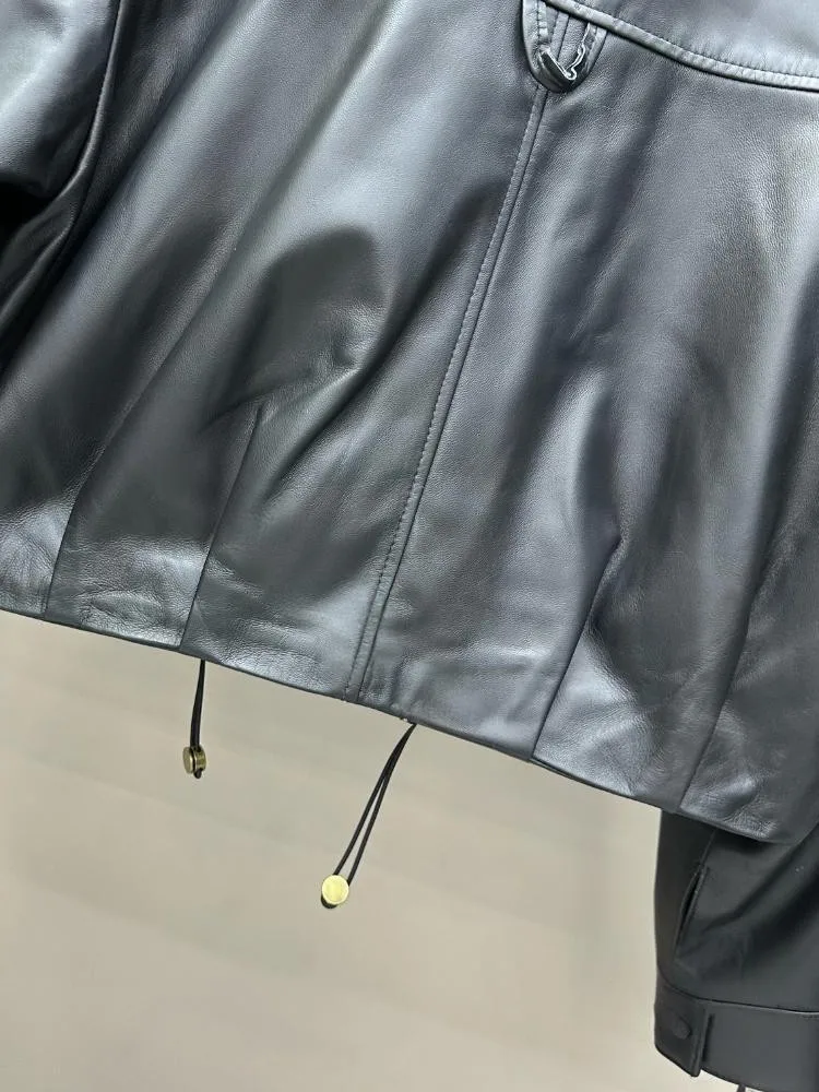 Büro Damen Echtes Leder Stehkragen Mode Jacke Einfarbig Schaffell Lange Ärmel Lose Zipper Taste Oberbekleidung