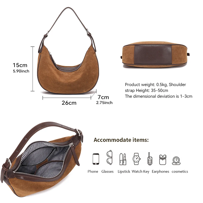 

Women's Fashion Trend Luxury Designer Bags Ladies Suede Cow Leather Shoulder Bag Female Retro Casual Soft Cowhide Handbags Lady