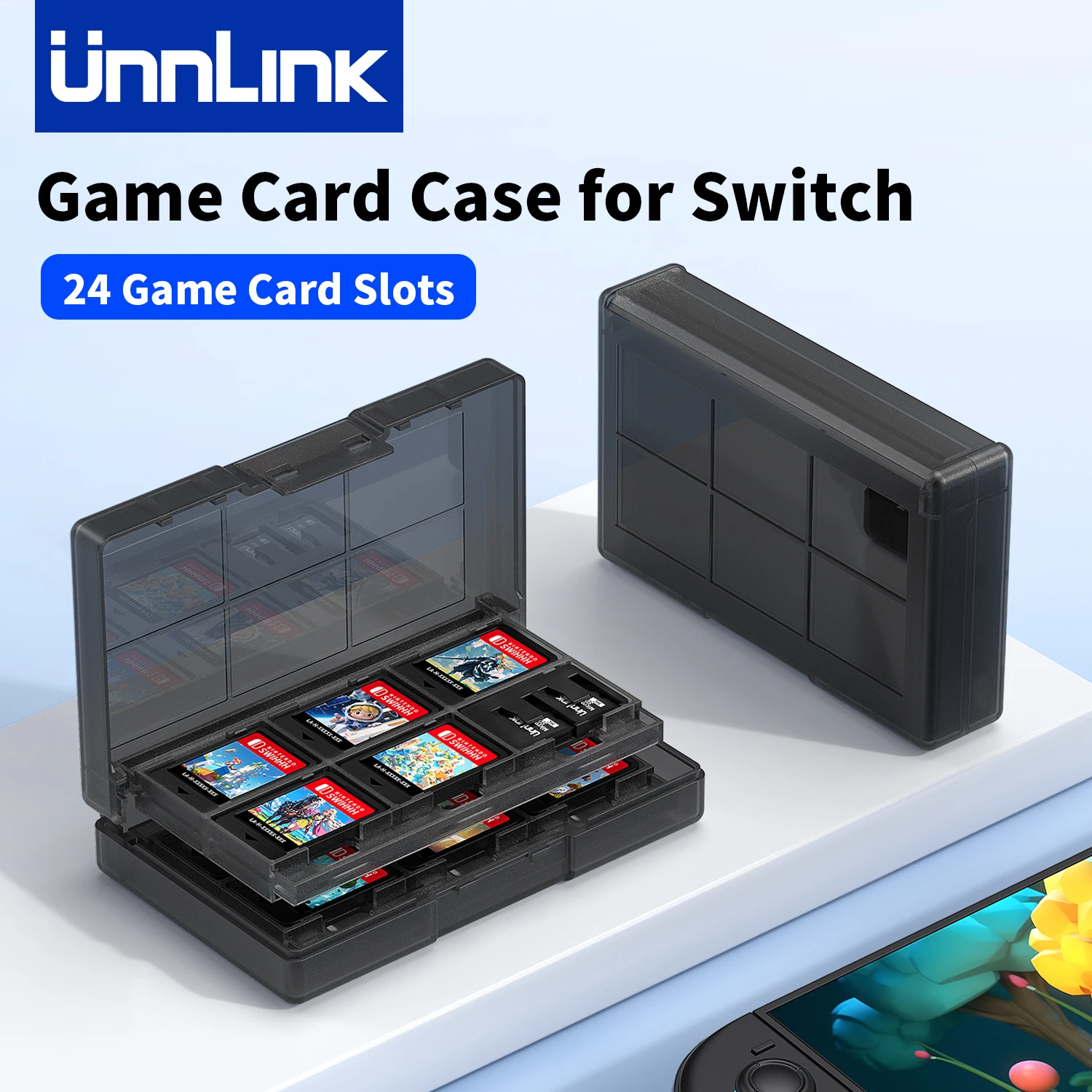 Unnlink Game Card Case for Switch 2 & 1 & OLED & Lite, Portable Black Memory Storage Holder with 24 Game Card Slots