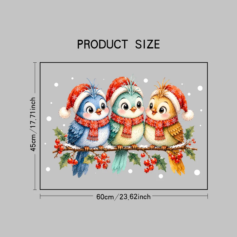 1 Sheet of 45× 60cm Christmas Cute Bird Static Cling Window Stickers, Featuring Christmas Hats, Scarves, and Holly Berry Patterns, Glue-Free and Reusable Christmas Glass Stickers for Holiday Home Decoration