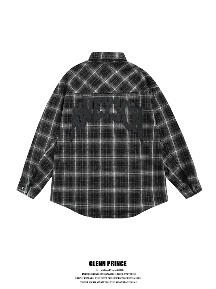 

GPstudio American Retro Embroidered Plaid Long Sve irt Men's Spring Autumn Trendy Lazy Street Sle irt Jaet