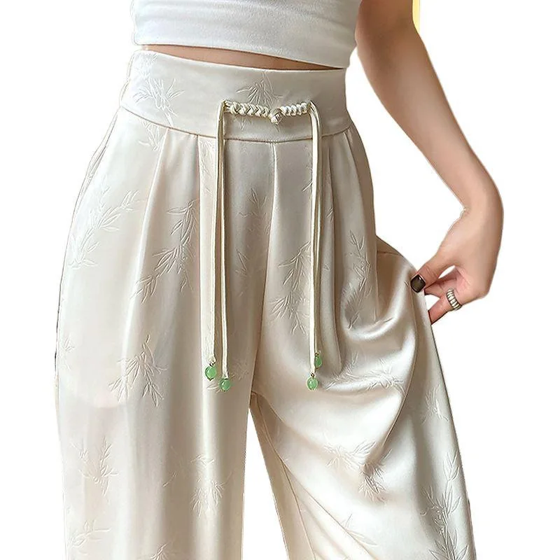 Beige damesbroek van ijszijde, broek met wijde pijpen in Chinese stijl, zomerse dunne casual broek van jacquardstof, roze en zwart beschikbaar