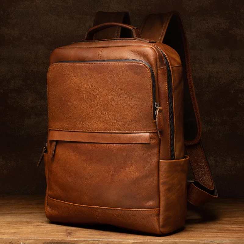 Vegetable tanned leather Men backpack large - capacity soft Cowhide leather travel backpacks top layer leather computer bags