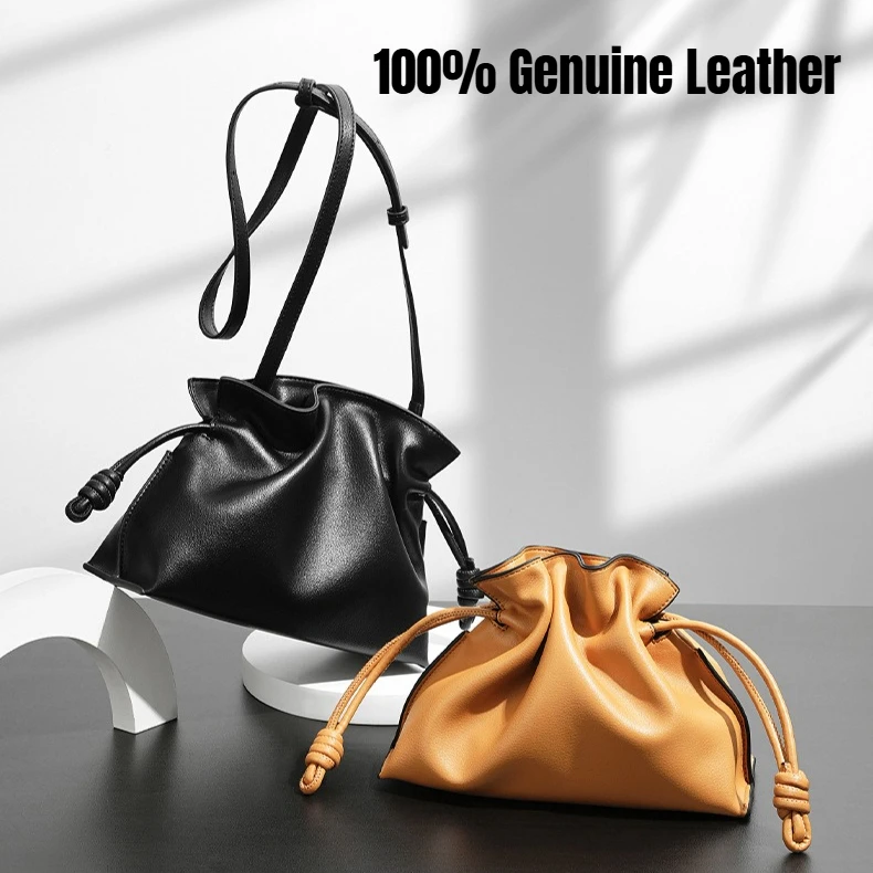 Classic Lucky Cloud Bag Genuine Leather Drawstring Bucket Bag Women Shoulder Crossbody Handbag Fashion Purse