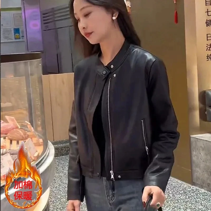Black Stand collar Fashion Leather Jacket Short Coat Women 2025 Spring New Casual Temperament Jacket Female Motorcycle Tops