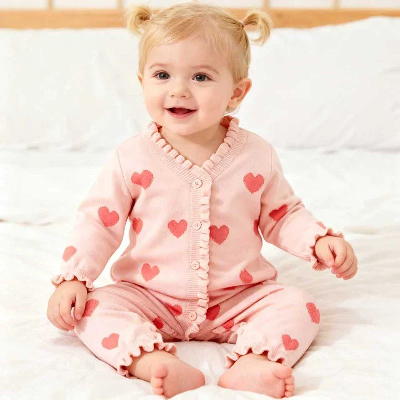 

Новый осенний комбинезон для малышей 0-24 месяцев, одежда для малышей, вязаный комбинезон для девочек, розовый комбинезон с принтом сердца, детский комбинезон, одежда на День святого Валентина